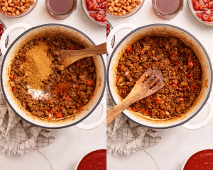 Side-by-side image of adding the seasonings to the cooked meat and veggies and letting cook for a few minutes.