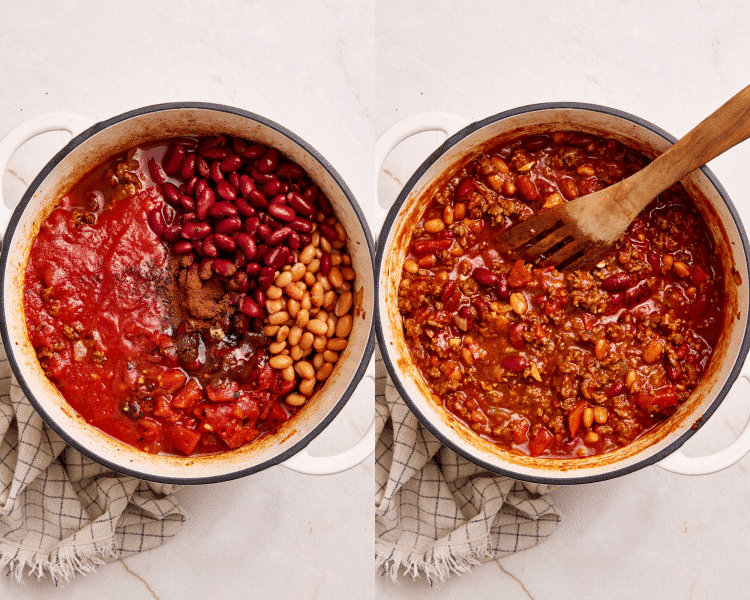 Adding the tomatoes and beans to chili and letting simmer for 20-25 minutes to thicken.