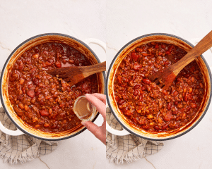 Side-by-side photo of adding apple cider vinegar to the chili at the end and stirring with wooden spoon.