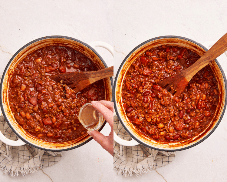 Side-by-side photo of adding apple cider vinegar to the chili at the end and stirring with wooden spoon.