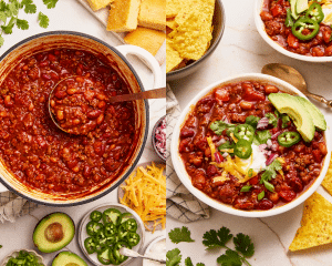 Side-by-side of finished chili in dutch oven with ladle and then served in a bowl with toppings.