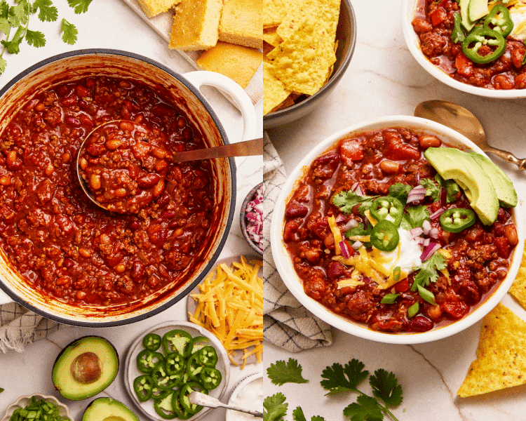 Side-by-side of finished chili in dutch oven with ladle and then served in a bowl with toppings.